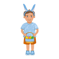 Vector Colorful Illustration of Cute Little Boy with Egg Basket Isolated on White Background