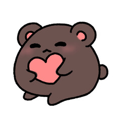Hand-drawn Cute Dark Brown Bear hug pink Heart in doodle style
