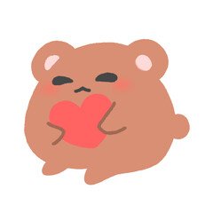 Hand-drawn Cute Brown Bear hug pink Heart in doodle style