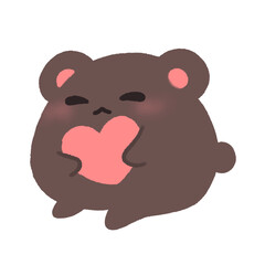 Hand-drawn Cute Dark Brown Bear hug pink Heart in doodle style