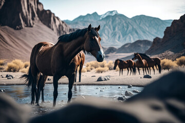 Fototapeta na wymiar Wild horses in a vast prairie land. Generative ai.