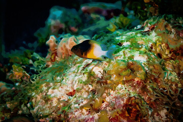 Digitally created watercolor painting of a bicolor damsel fish swimming above the coral reef.