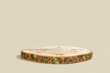 Wooden Podium with Bark. Real Wood Slab. Empty Round Natural Form. Pedestal for Showing Product, Eco Organic Cosmetic, Jewelry. Trendy Minimal Style Mock Up Presentation. Neutral Studio Background. 3d
