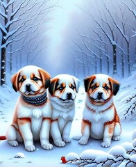 Three adorable dog puppies sitting in snow