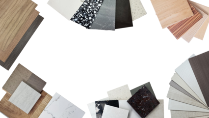 creativity house design ideas concept with sample of interior materials contains artificial stones, tiles, wooden veneer, fabric laminate, vinyl flooring isolated on background with clipping path.