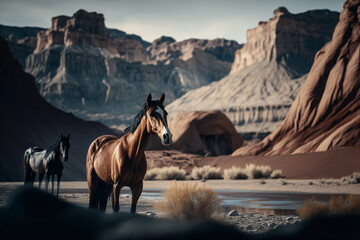 Wild horses in a vast prairie land. Generative ai.