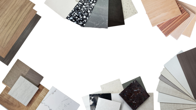 creativity house design ideas concept with sample of interior materials contains artificial stones, tiles, wooden veneer, fabric laminate, vinyl flooring isolated on background with clipping path.