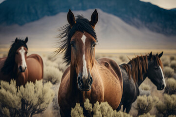 Wild horses in a vast prairie land. Generative ai.