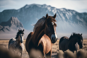 Wild horses in a vast prairie land. Generative ai.