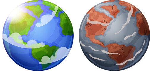 Planet Earth, clean and dirty. Destruction, pollution of the planet. Save our Earth, Earth Day, Green Day