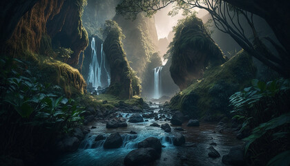 Waterfalls and Lush Vegetation Environment 