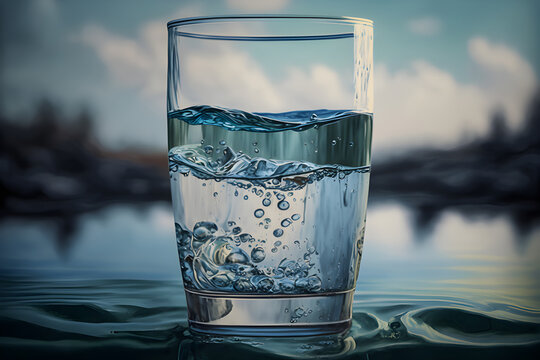 Water into a glass against the nature background, Generative AI