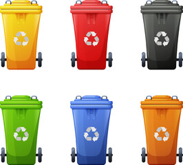 Set of cartoon trash cans for trash sorting. Recyclable waste bin. Glass, organic, e-waste, paper, metal and plastic