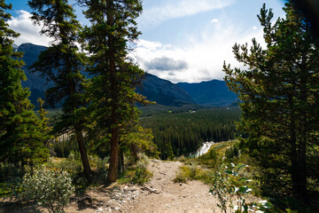 Obraz premium Tunnel Mountain Hoodoos Lookout in Alberta, Canada with stunning mountains and blue sky