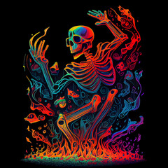 Multicolored illustration of dancing skeleton. AI generative.