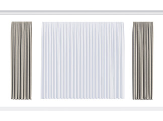 A set of isolated translucent curtain, solid beige blackout curtains, a white ceiling cornice, and a white floor plinth. Front view. 3d render