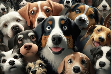 3D cute very many smiley dogs. Full dogs on background. Generative AI