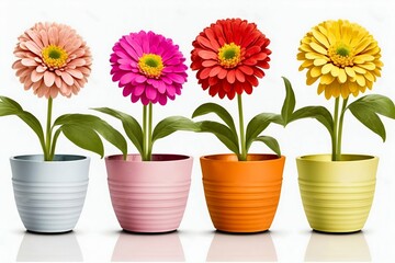 Flowers zinnia in little saturated pot isolated on white background. Generative AI
