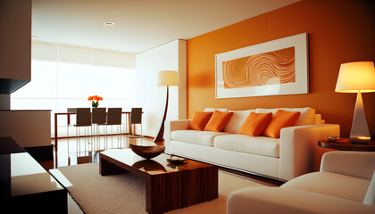 architectural photography a modern living room, In warm and delicate colors. A sunny and bright room