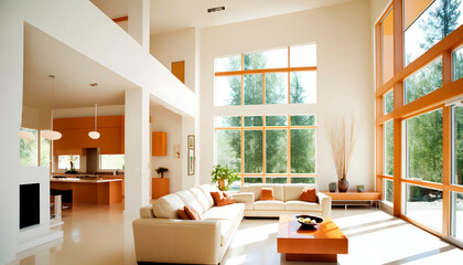 architectural photography a modern living room, In warm and delicate colors. A sunny and bright room