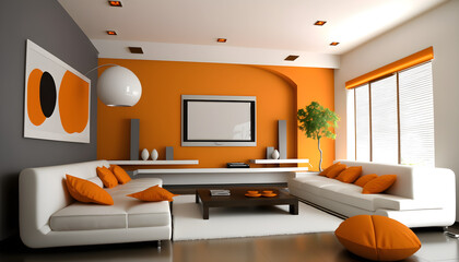 architectural photography a modern living room, In warm and delicate colors. A sunny and bright room