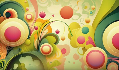  a colorful abstract background with circles and flowers on a yellow background with a green and pink swirl pattern on the bottom half of the image.  generative ai