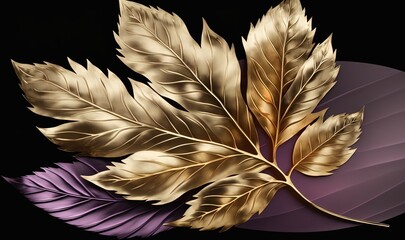  a gold leaf on a purple leaf on a black background with a purple circle around it and a gold leaf on the left side of the image.  generative ai