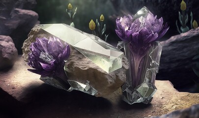  a couple of purple flowers sitting on top of a piece of rock next to a pile of rocks and a bunch of purple flowers on top of rocks.  generative ai