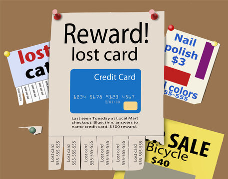 A reward poster for a lost credit card is seen tacked to a public bulletin board in this vector illustration.