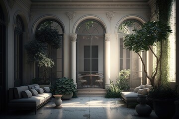 Interior design of a lavish side outside garden at morning. Generative AI
