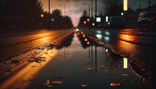  a wet street with raindrops on the ground and a street light in the distance with cars on the road in the foreground.  generative ai