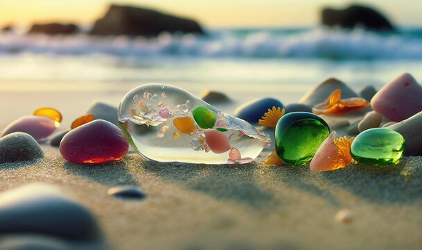 Colorful gemstones on a beach. Polish textured sea glass and stones on the  seashore. Green, blue shiny glass with multi-colored sea pebbles close-up.  Beach summer background. Stock Illustration