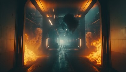  a dark hallway with fire coming out of the walls and a person standing in the middle of the hallway on the far end of the corridor.  generative ai
