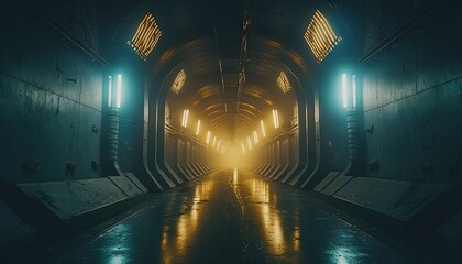  a long tunnel with light coming from the end of it and a person walking in the middle of the tunnel at the end of the tunnel.  generative ai