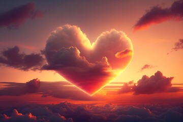 Red heart shaped sky at sunset. Beautiful love background, generative ai