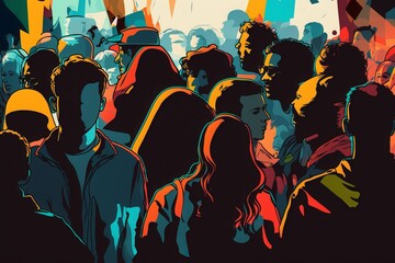 Multicolored Vector Art Illustration of a Crowd of People in Chaos - Generative AI