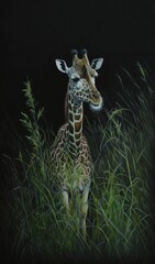 a painting of a giraffe standing in tall grass with its head turned to the side and it's head turned to the side.  generative ai