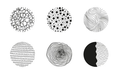 Big set of spot, curly, curve circle pattern set vector in doodle style. Spot, drops, lines elements. Trendy social media icons