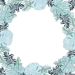 Fototapeta na wymiar Circle frame with tropical, jungle leaves, hand drawn