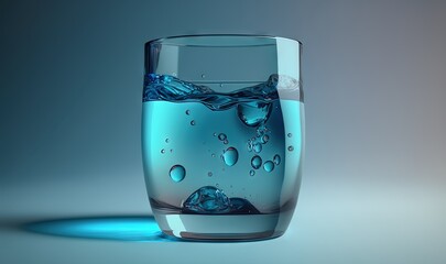  a glass of water with bubbles and water droplets on a gray background with a blue light reflecting off of the glass and the bottom of the glass.  generative ai