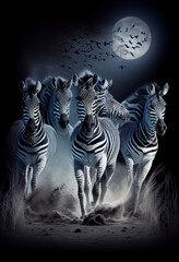 A herd of zebras run in the moonlight. AI generated