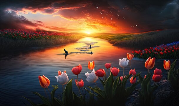  a painting of a sunset over a lake with ducks and tulips in the foreground and a sunset in the background, with birds flying over the water.  generative ai