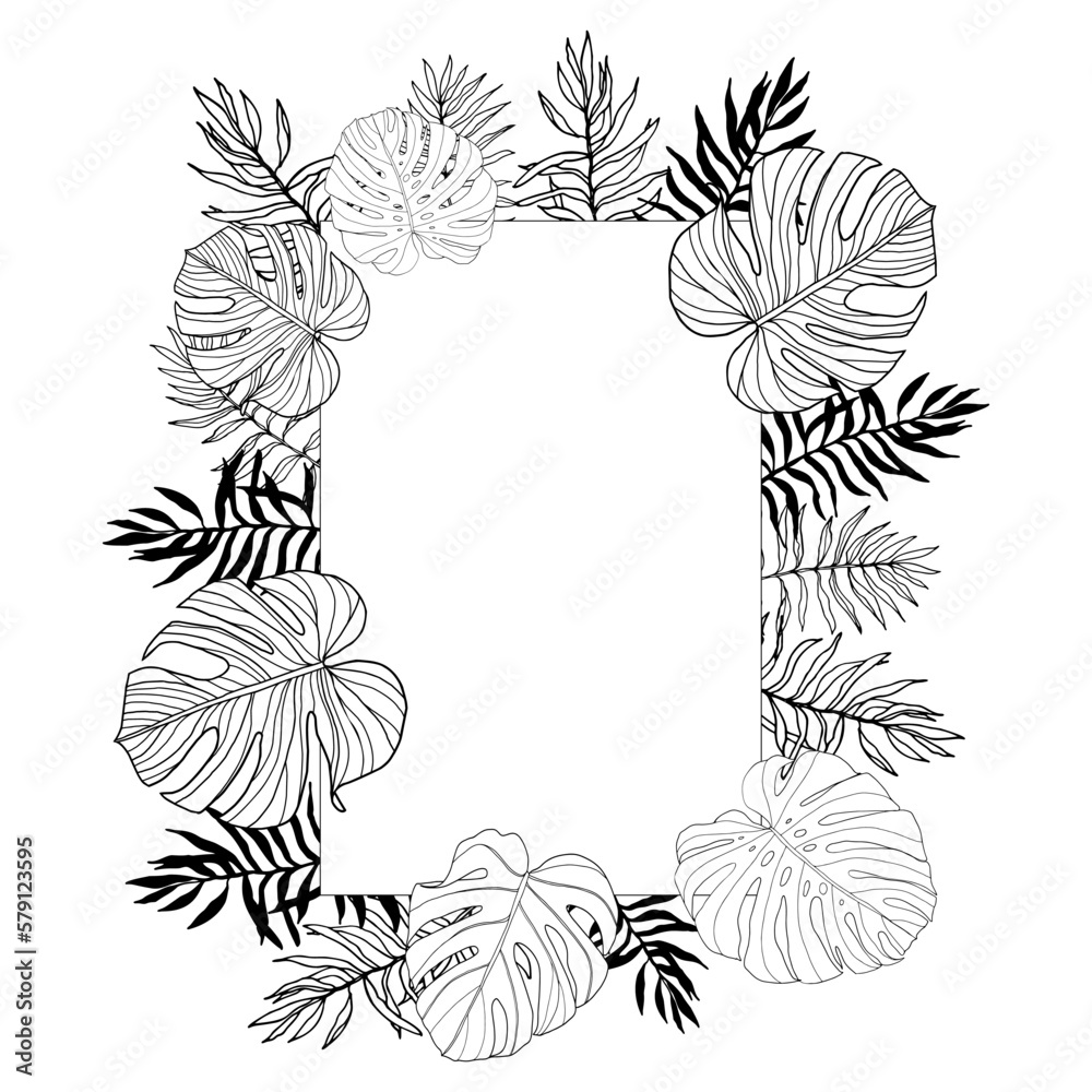 Wall mural Square frame with tropical, jungle leaves, hand drawn, black and white