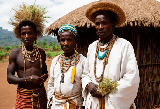 Generative AI image of native Africans in traditional clothes standing beside hut