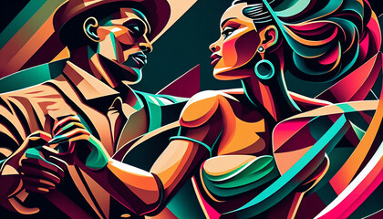 Latin American Hispanic male and female couple dancing the ballroom Calypso dance shown in an abstract cubist style painting for a poster or flyer, computer Generative AI stock illustration image - obrazy, fototapety, plakaty