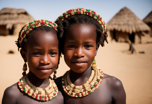 Generative AI image of black female children with accessories in village