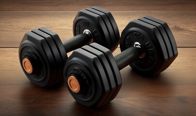 Obraz na płótnie Canvas two black dumbbells on a wooden table with a brown background and a black one on the left side of the dumbbells. generative ai