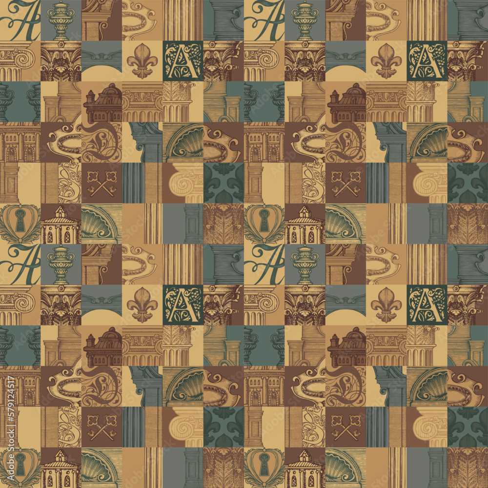 Poster abstract seamless pattern on theme of medieval architecture and art. vector background with colored 