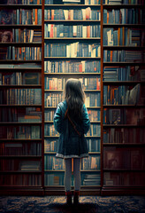 A little girl stands in the hall of a huge library. AI generated