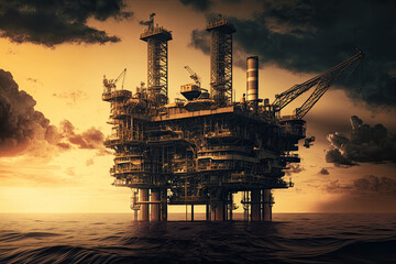 Obraz premium Oil refinery at sunset, generative AI